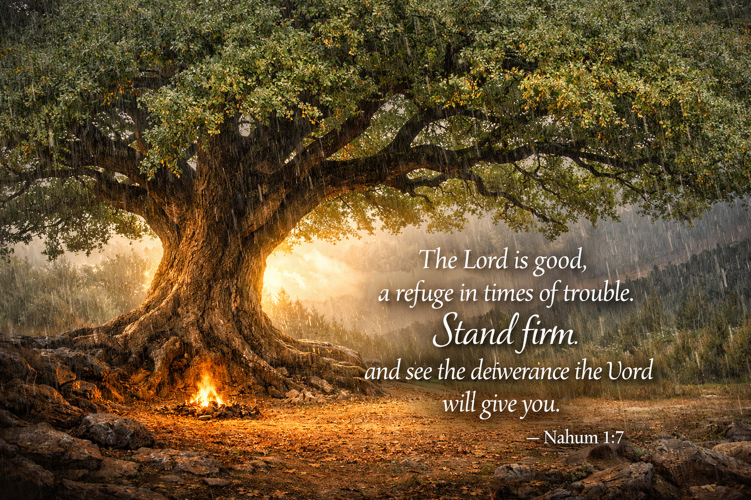 Nahum 1:7 Bible verse wallpaper ancient oak tree sheltering dry ground during rainstorm - natural refuge
